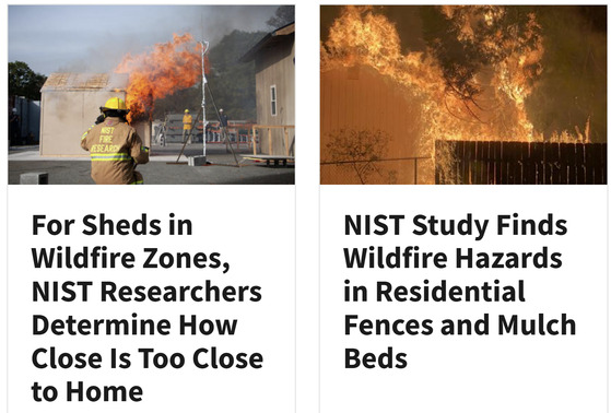 미국 국립표준기술연구소(NIST)의 최근 야생과 도시 경계 지대(WUI) 화재에 관한 연구 목록. 사진 NIST 홈페이지 캡쳐