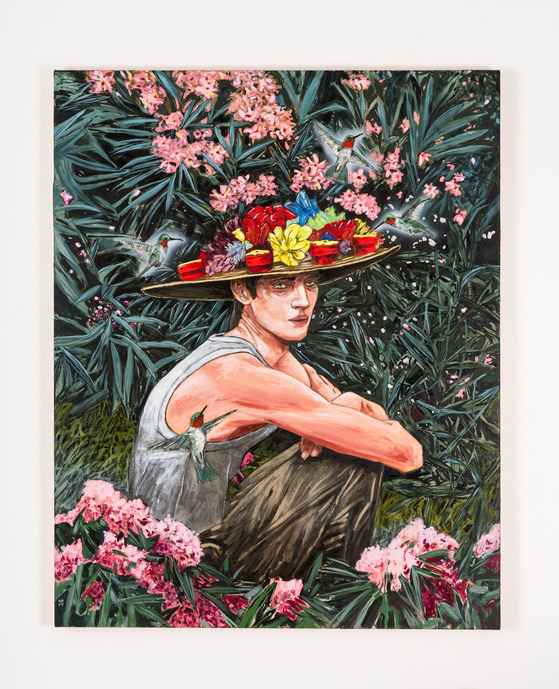 헤르난 바스, 벌새 애호가(The hummingbird enthusiast), 2025, Acrylic on linen, 127 x 101.6cm, Photo by Silvia Ros.[사진 리만머핀]