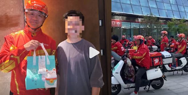 최근 음식배달 사업에 뛰어든 징둥닷컴 창립자 류창둥 회장이 직접 배달하며 소비자와 사진을 찍고 있다. /웨이보 영상 캡처