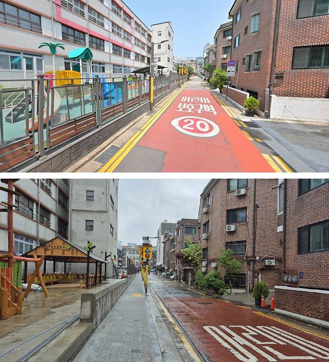 별도의 보행로 없이 일방통행 도로만 있던 서울 강남구 도곡초등학교 주변 이면도로(위쪽 사진)와 학교 담벼락을 학교 부지 안쪽으로 옮긴 뒤 보행로를 새로 조성한 모습.