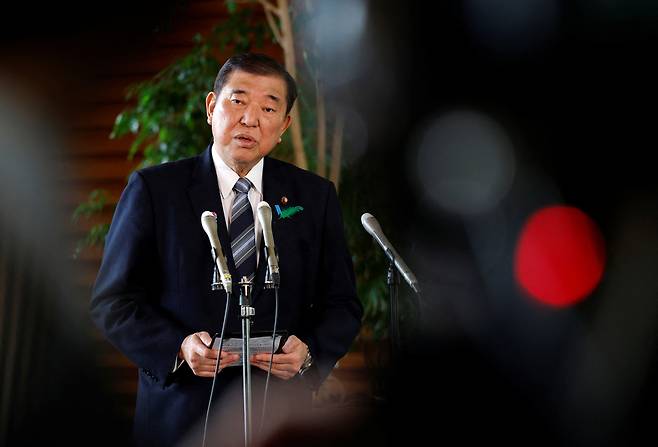 Japanese Prime Minister Shigeru Ishiba speaks to reporters after a Japanese negotiator held ministerial talks at the White House regarding U.S. tariffs, at the Prime Minister’s official residence in Tokyo, Japan, on April 17. [REUTERS/YONHAP]