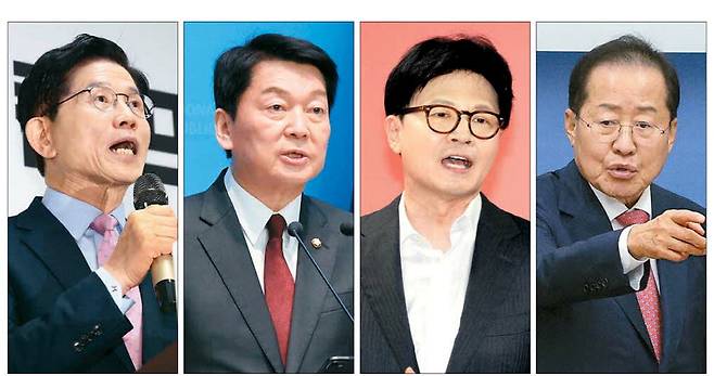 국민의힘 선거관리위원회가 이틀간 여론조사를 거쳐 22일 대선 경선 후보를 8명에서 4명으로 압축했다. 왼쪽부터 김문수 전 고용노동부 장관, 안철수 국민의힘 의원, 한동훈 전 대표, 홍준표 전 대구시장(가나다순).  뉴스1