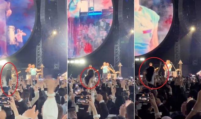 콜드플레이 내한 공연에 한 여성 관객이 목말을 탄 채 콘서트를 즐기는 모습이 포착됐다. /사진=X 갈무리
