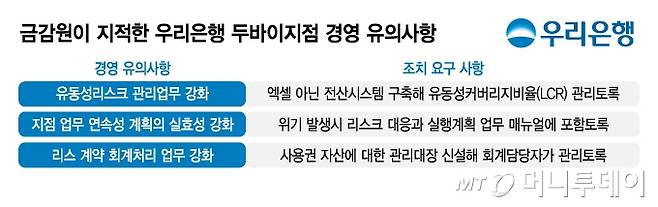 금감원이 지적한 우리은행 두바이지점 경영유의사항/그래픽=김지영
