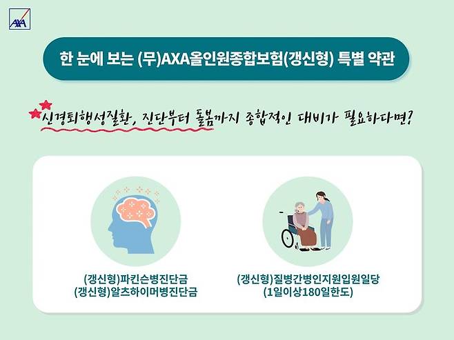 [서울=뉴시스] AXA올인원종합보험(갱신형) 파킨슨병 진단금 및 질병간병인지원입원일당(1일이상180일한도) 특약 이미지. (사진=AXA손해보험 제공) 2025.04.22. photo@newsis.com *재판매 및 DB 금지