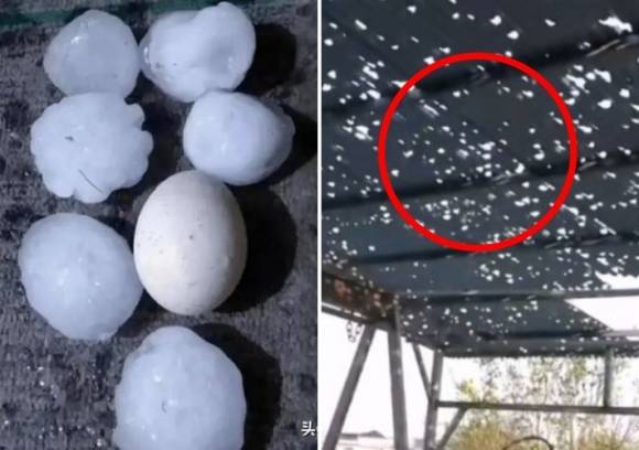중국 현지시간으로 19일 남부 광시성에 내린 우박(왼쪽)으로 농가 지붕이 파손된 모습(오른쪽). 웨이보 영상 캡처