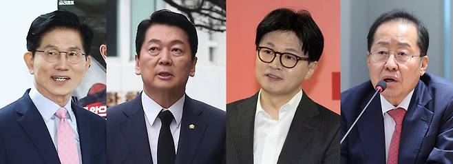 국민의힘 선거관리위원회는 22일 국회에서 2차 예비경선(컷오프) 결과를 발표했다. 왼쪽부터 김문수·안철수·한동훈·홍준표 후보. (뉴스1 DB) 2025.4.22/뉴스1