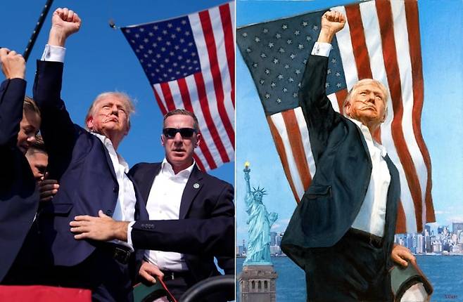 트럼프 피격 당시 촬영된 사진과 러시아 유명 화가 니카스 사프로노프가 그렸다는 초상화. /AP 연합뉴스·CNN