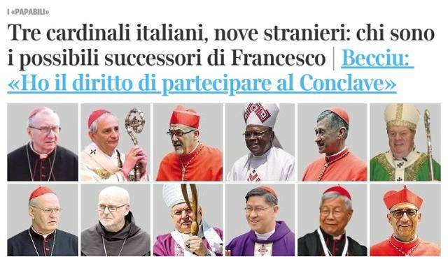 한국인 최초 교황청 장관인 유흥식(하단 왼쪽 다섯 번째) 라자로 추기경이 이탈리아 최대 일간지 코리에레델라세라가 선정해 22일 보도한 차기 교황 유력 후보 12명 중 한 명으로 포함돼 있다. 코리에레델라세라 홈페이지 캡처