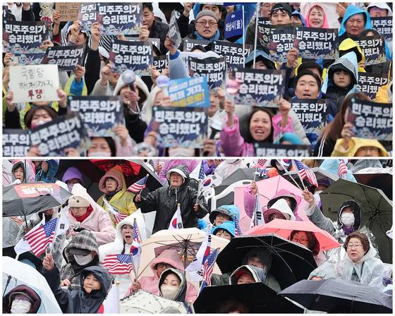 헌법재판소의 윤석열 전 대통령에 대한 파면 선고 이후 첫 주말인 지난 5일 서울 종로구 광화문 일대에서 찬반집회가 열리고 있다. 위쪽은 경복궁 동십자각에서 열린 윤석열 즉각퇴진·사회대개혁 비상행동 주최 '주권자 시민 승리의 날' 집회, 아래쪽은 동화면세점 앞에서 열린 윤석열 전 대통령 지지자들과 자유통일당 등 보수단체 회원들의 탄핵 무효 촉구 집회. 뉴스1