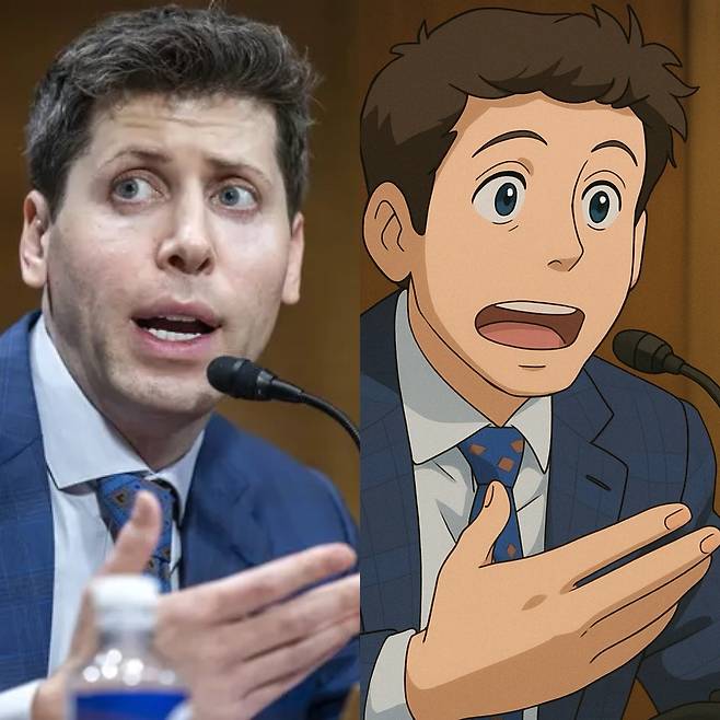 A photo of OpenAI CEO Sam Altman (left) is re-created by GPT-4o in the style of Studio Ghibli. (EPA-Yonhap)