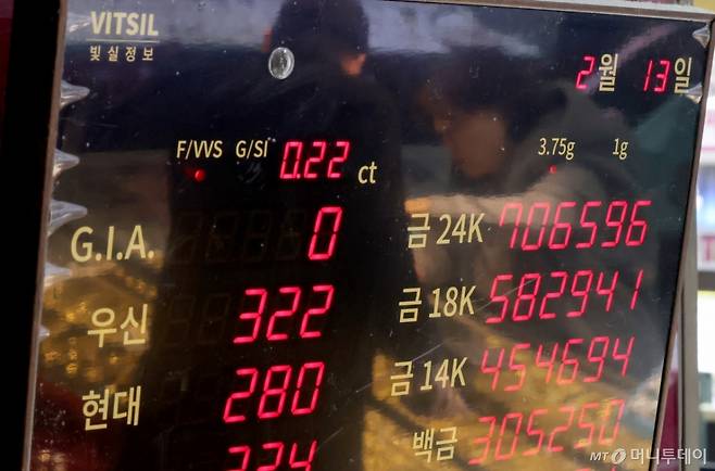(서울=뉴스1) 장수영 기자 = 13일 서울 종로구에 위치한 귀금속 매장 전광판에 금 등 귀금속의 시세가 표시되고 있다.   도널드 트럼프 미국 대통령 취임 이후 안전자산을 보유하려는 심리가 커지면서 금 뿐만 아니라 대체제인 은 가격이 뛰고 있다. 2025.2.13/뉴스1  Copyright (C) 뉴스1. All rights reserved. 무단 전재 및 재배포,  AI학습 이용 금지. /사진=(서울=뉴스1) 장수영 기자