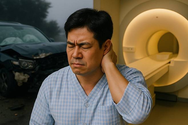 [사진설명] 목 통증을 호소하고 있는 교통사고 환자(출처: Chat GPT)