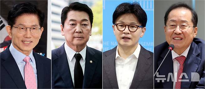 [서울=뉴시스] 조성우 기자 = 국민의힘이 22일 제21대 대통령 선거 후보자 선출을 위한 2차 경선 후보 4명을 확정했다. 2차 경선을 진출한 후보자는 김문수, 안철수, 한동훈, 홍준표 등 4명이다. 2025.04.22. xconfind@newsis.com