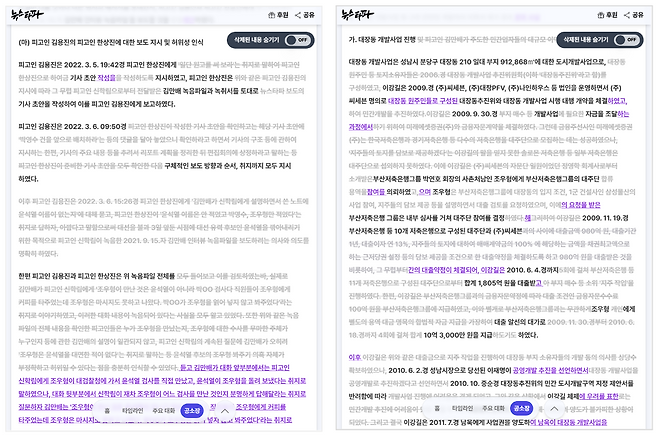 ▲ ‘뉴스타파 v. 윤석열’ 사건 공소장. 삭제된 부분은 취소선으로, 추가된 부분은 보라색과 밑줄로 표시했다.&nbsp;&nbsp;