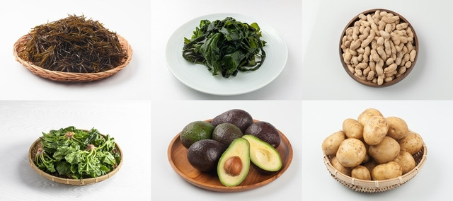 칼륨 함량이 높은 대표적인 음식들. (윗줄 왼쪽부터 시계 방향으로) 톳, 다시마, 땅콩, 감자, 아보카도, 시금치. 이미지투데이