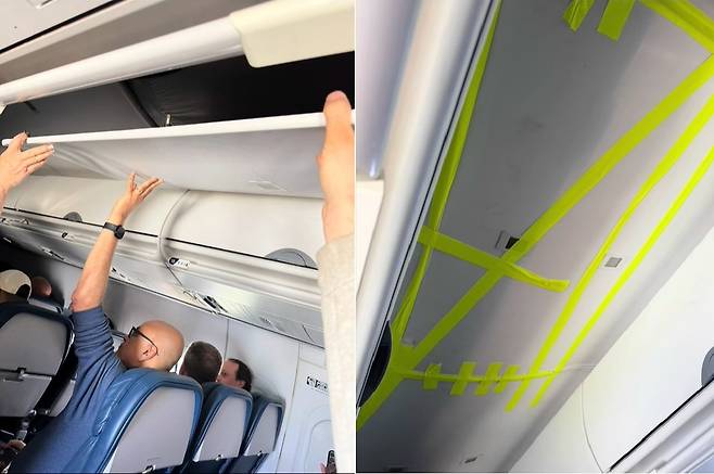 운항 중인 항공기 내부 천장이 떨어져 승객들이 손으로 받치고 있다.(왼쪽) 항공사 측은 테이프로 조치했다. 뉴욕포스트·틱톡 캡처