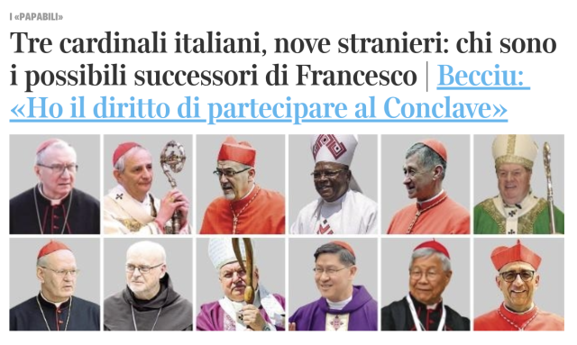 차기 교황 유력 후보 12명에 포함된 유흥식 추기경(하단 오른쪽에서 두 번째). 사진=코리에레델라세라 캡처