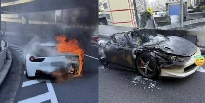 일본 프로듀서 혼콘이 구매한 페라리 458 스파이더가 화재로 전소되는 사고가 발생했다. (사진=엑스 캡처)
