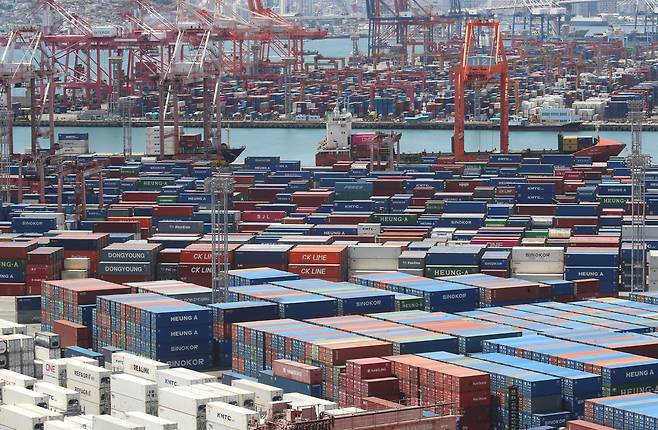 지난 21일 부산항 신선대부두와 감만부두 야적장에 컨테이너가 가득 쌓여 있다./뉴스1