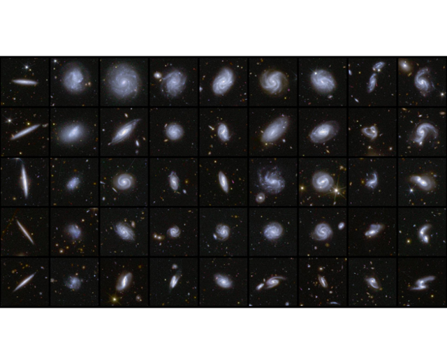 사진 1. 인공지능을 사용하여 유클리드 망원경 관측 자료에서 찾아낸 다양한 은하. 각 은하는 1,000억 개의 별을 품고 있다. ESA/Euclid/Euclid Consortium/NASA
