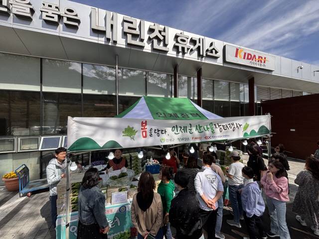 ▲ 인제군은 오는 5월 11일까지 인제 내린천휴게소(서울방향) 야외광장에서 ‘2025 인제군과 함께하는 내린천휴게소 봄나물 장터’를 운영한다. 지난 19일 장터 모습.