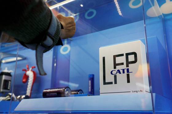 Contemporary Amperex Technology Limited's lithium iron phosphate batteries are displayed at an exhibition in Beijing on Oct. 12, 2022. [REUTERS/YONHAP]