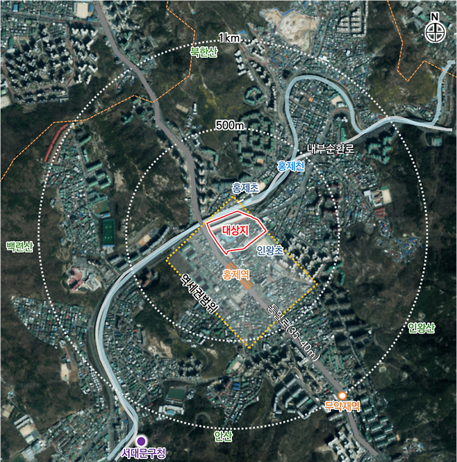 서대문구 홍제동 유진상가와 인왕시장 일대 위치도. 서울시