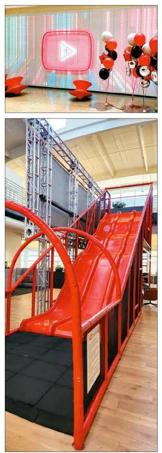 놀면서 영감 얻는 유튜브 샌브루노 본사
미국 캘리포니아주 샌브루노시에 위치한 유튜브 본사. 로비 벽면 전체에 설치된 미디어 월(위쪽)과 사무실에 있는 빨간색 미끄럼틀(아래). 샌브루노 이덕주 기자