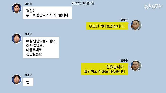 ▲이준석-명태균 메시지(2022.10.9.)&nbsp;(출처 : 명태균PC)