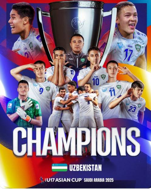 우즈베키스탄이 WLSKS 21일(한국시간) 사우디아라비아 타이프의 킹 파드 스포츠 시티 스타디움에서 열린 '2025 아시아축구연맹(AFC) 17세 이하(U-17) 아시안컵' 결승에서 사우디를 2-0으로 꺾었다. 사진은 우즈벡의 우승 기념 포스터. /사진=AFC 공식 SNS 갈무리