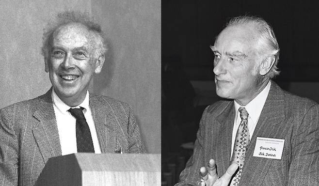 제임스 왓슨과 프랜시스 크릭. (왓슨 사진 출처: National Cancer Institute, Public domain, via Wikimedia Commons) / (크릭 사진 출처: Unknown author, CC BY 4.0 <https://creativecommons.org/licenses/by/4.0>, via Wikimedia Commons)