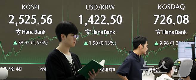 서울 중구 하나은행 본점 딜링룸 전광판./뉴스1 ⓒ News1 이동해 기자