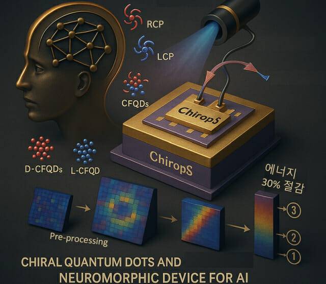 KAIST 연구진이 카이랄 자성 양자점을 이용해 제작한 뇌 모사 뉴로모픽 소자.(그래픽=KAIST)