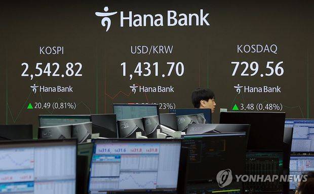 25일 서울 중구 하나은행 딜링룸 현황판에 코스피·코스닥 지수 등이 표시돼 있다. ⓒ연합뉴스