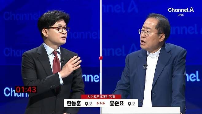 한동훈, 홍준표 국민의힘 대선 후보가 25일 서울 종로구 채널에이 스튜디오에서 열린 토론회에서 설전을 벌이고 있다. 2025.04.25 송은석 기자 silverstone@donga.com