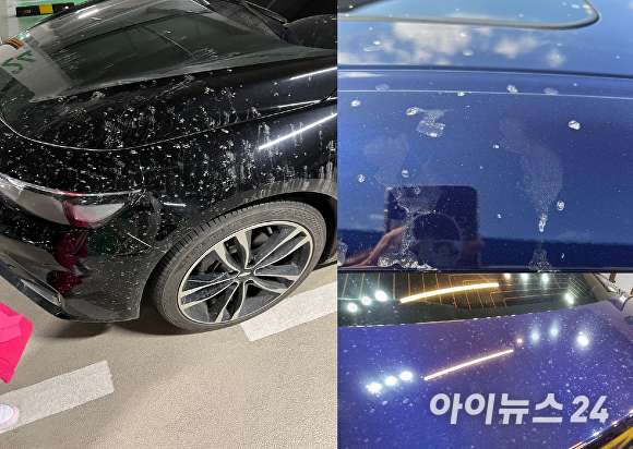 평택 비전아이파크 지하주차장에서 발생한 석회물 피해를 입은 입주자 A씨와 B씨 차량들 모습 [사진=제보자]