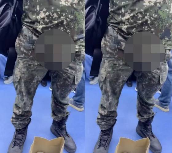 지난 19일 군복과 군화를 착용한 한 남성이 신분당선 지하철 안에서 신체 중요 부위를 노출한 모습이 소셜네트워크서비스 'X(엑스·옛 트위터)' 등을 통해 알려졌다. 사진 엑스 캡처