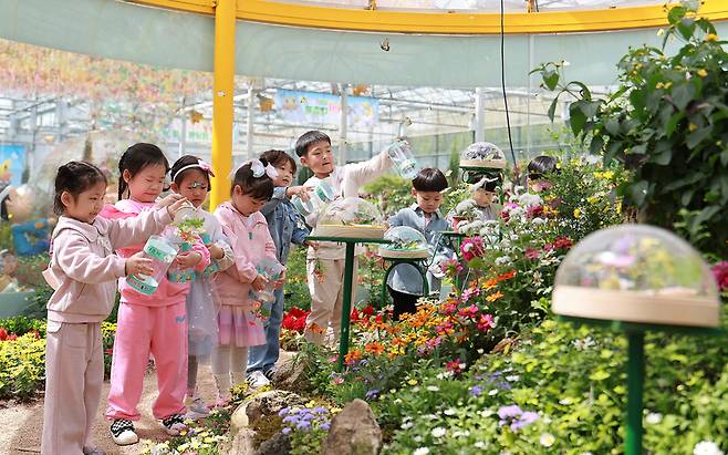 함평군 어린이들이 나비축제장에서 나비를 날리는 체험을 하고 있다. / 사진=함평군 제공