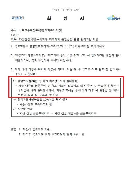 화성시가 국토교통부에 제출한 화성진안공공주택지구 지구계획 승인신청 관련 협의의견 제출 공문./사진제공=화성시