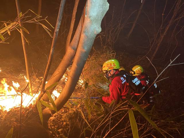 ▲산림청 공중진화대와 산불재난특수진화대가 26일 오후부터 27일 새벽 사이 경남 산청군 시천면 동당리 일대에서 지리산과 민가를 지키기 위해 사투를 벌이고 있다. 산림 당국은 낙엽층 등으로 진화에 어려움을 겪었다고 설명했다. ⓒ연합뉴스