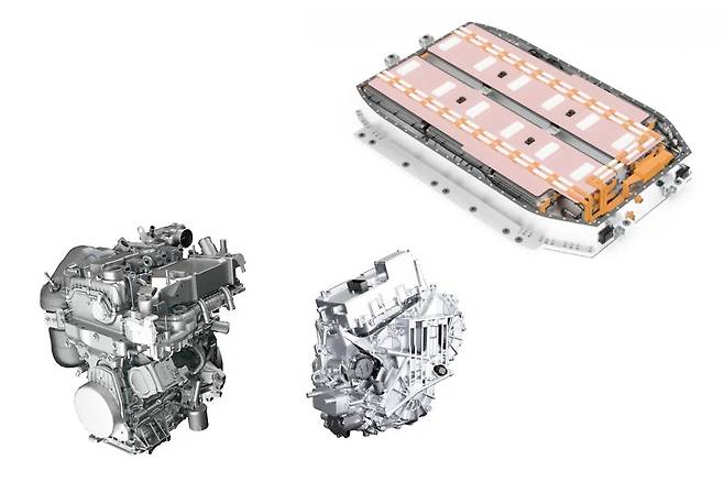 둥펑자동차 에올루스 L7 좌 하이브리드 엔진과 4단 DHT 우 배터리 팩