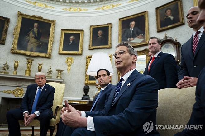 미·노르웨이 정상회담 배석한 베선트 미 재무장관 [UPI 연합뉴스 자료사진. 재판매 및 DB 금지]