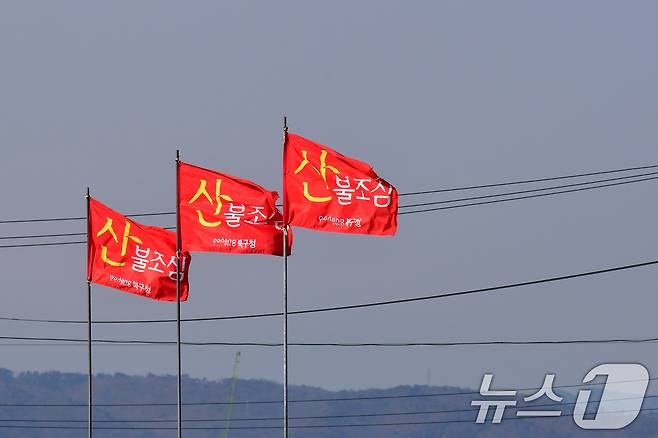 경북 포항시 전역에 건조주의보가 발령 중인 가운데 북구 흥해읍 국도변에 산불조심을 알리는 깃발이 바람에 펄럭이고 있다. 2025.1.5/뉴스1 ⓒ News1 최창호 기자