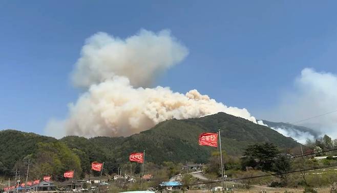 26일 오후 1시 18분쯤 강원 인제군 상남면 하남리 인근 야산에서 산불이 발생했다. /독자 제공