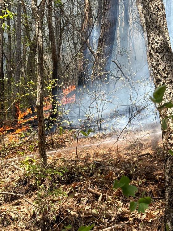 26일 강원도 인제군 상남면 야산에서 산불이 발생해 연기가 나고 있다. 사진 강원도소방본부