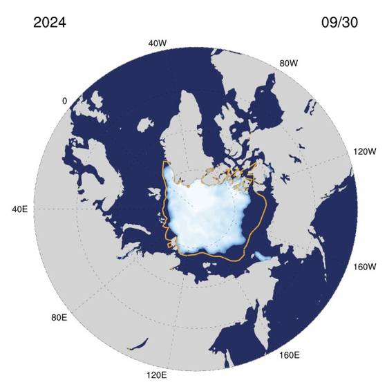 급감하는 북극 해빙 : 파란 부분은 지난해 9월 30일 촬영한 북극 해빙, 노란색 선은 1981~2010년 평균 최소 해빙 면적