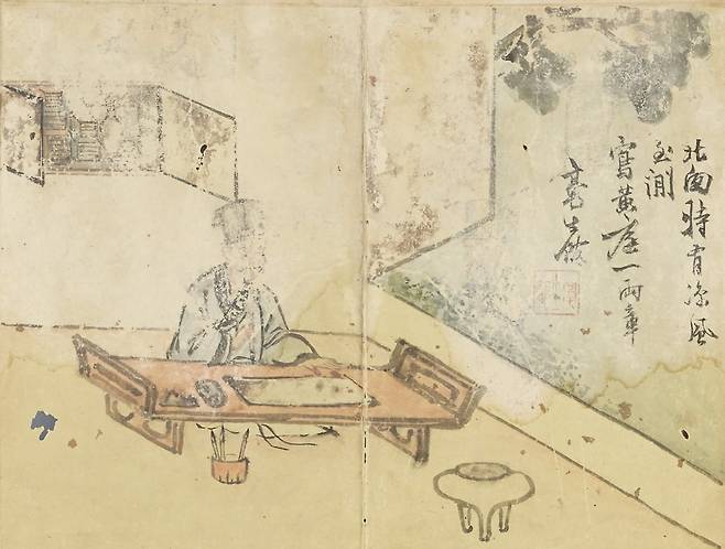 지최북 북창시유량풍지. 최북은 이 그림을 보는 사람들이 시선을 두 번 이동하도록 유도했다. 먼저 열린 벽장을 본 뒤, 열린 문을 보고, 그곳에 시를 적어 시선이 머무르도록 한 것이다. /국립중앙박물관