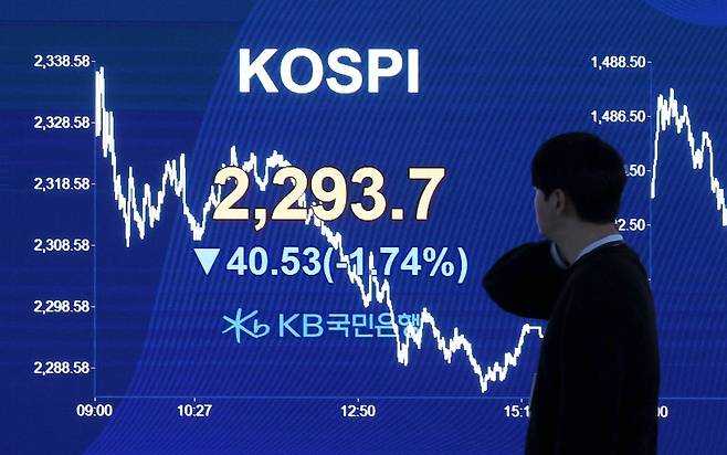 미국의 상호관세가 발효되면서 코스피 2300선이 붕괴한 지난 9일 서울 여의도 국민은행 스마트딜링룸에 이날 거래 중인 원/달러 환율 거래가가 표시돼 있다. 사진=이솔 한국경제신문 기자