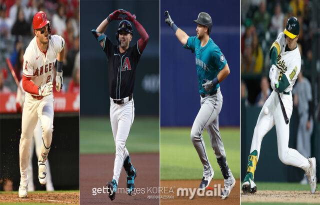현재 메이저리그 홈런 1위를 질주 중인 4명의 선수. 왼쪽부터 트라웃, 캐롤, 롤리, 소더스트롬. /게티이미지코리아
